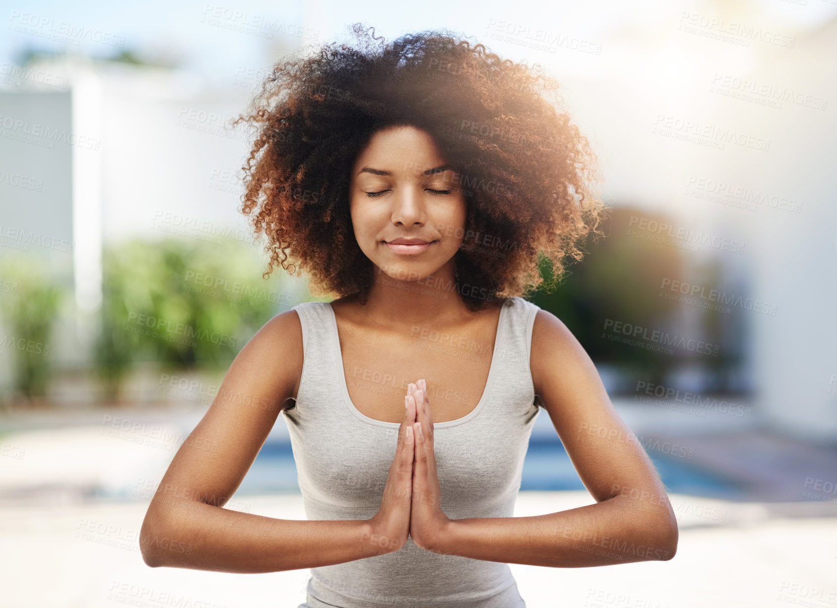 Buy stock photo Calm woman, yoga and relax in meditation for zen, spiritual wellness or healthy exercise outdoors. African person in meditate with hands together for chakra, mind or peace for health and fitness