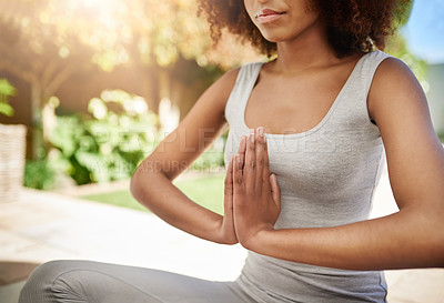 Buy stock photo Woman, hands and yoga in meditation for health, spiritual wellness or zen workout and exercise on mat at home. Hand of calm female meditating for peace, mind and chakra for healthy fitness or balance