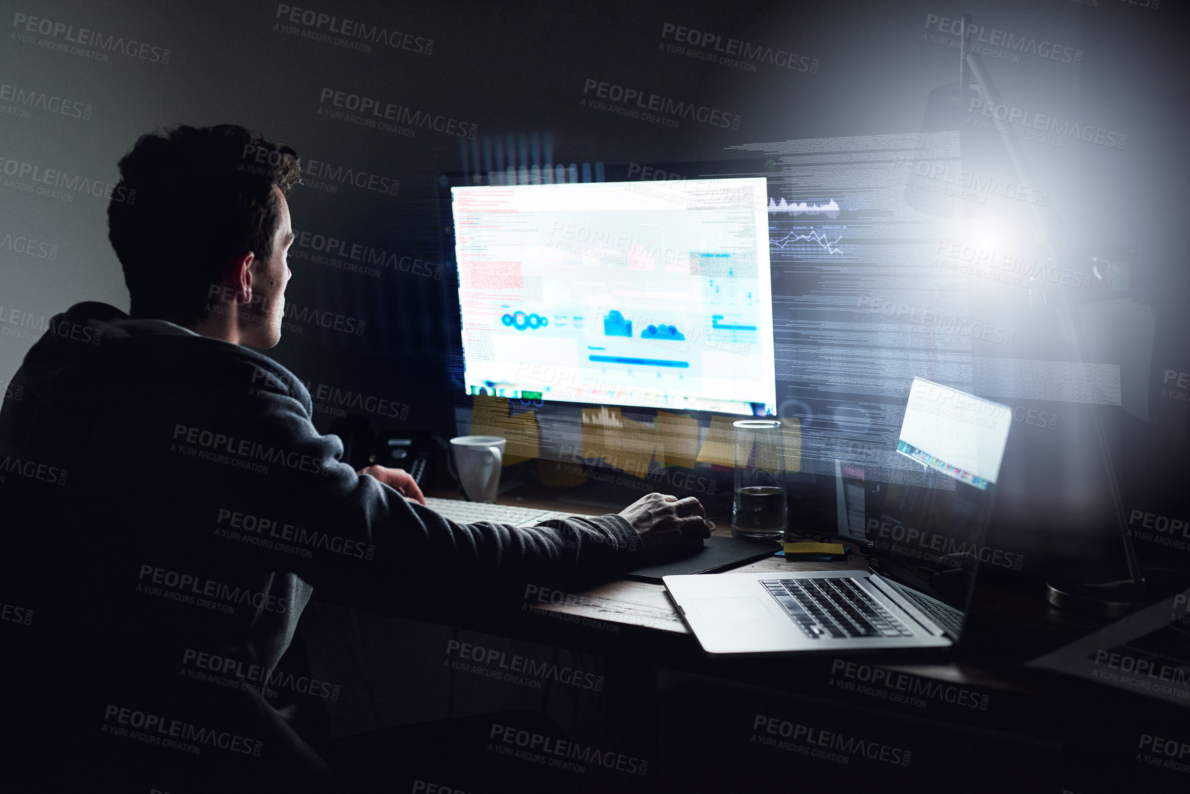 Buy stock photo Computer screen, hacking and man with programming overlay for firewall, password and cybersecurity. Software, data analysis and hacker with coding, connectivity and network access for internet crime.