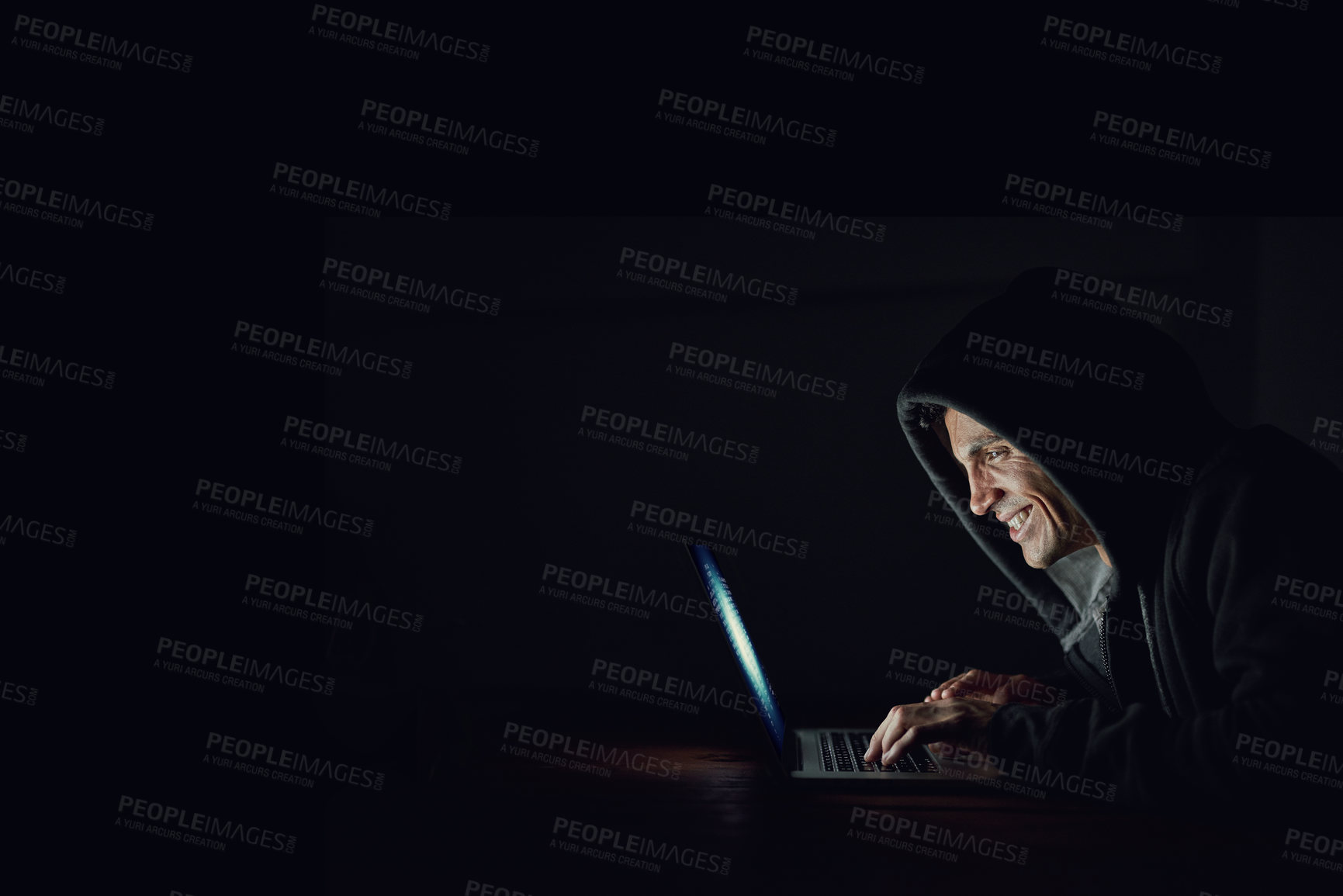Buy stock photo Dark, office and man at laptop for hacking, online programming and cybersecurity at night. Software, developer or hacker in hoodie coding for password, firewall or network access on black background