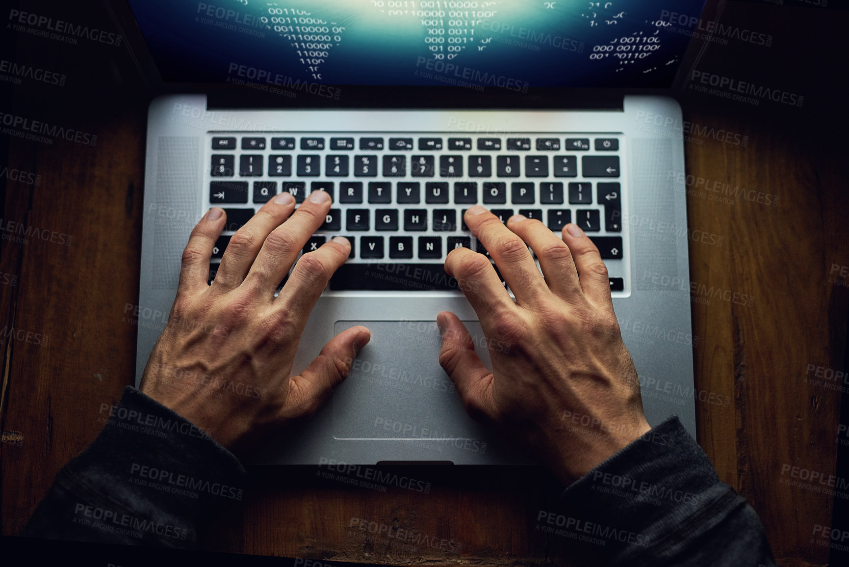 Buy stock photo Hands, man and laptop for hacking at night, database software and hacker for cyber attack. Keyboard, programming malware and spam system or algorithm for phishing, thief and coding script above