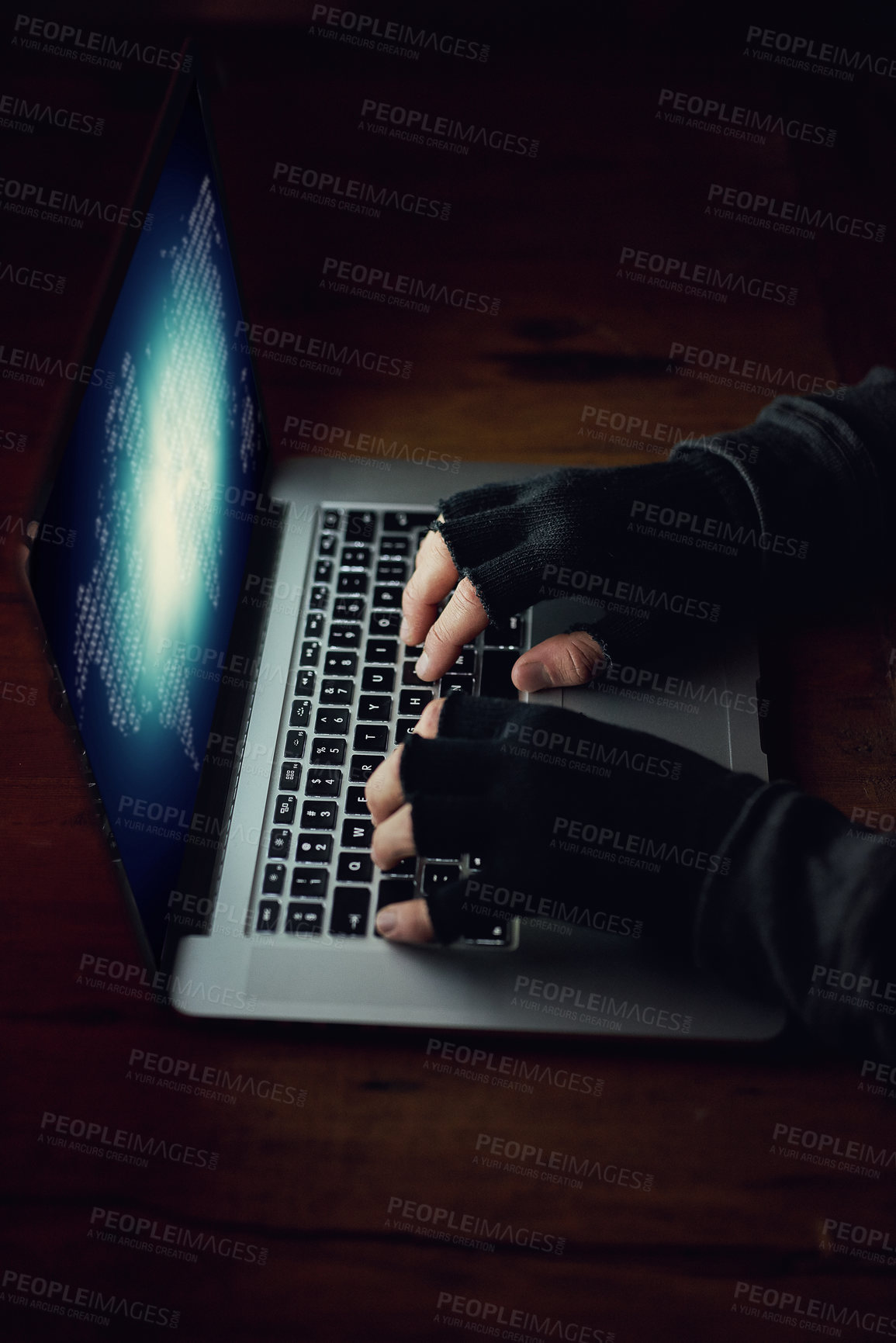 Buy stock photo Hacking, man and laptop screen for cyber attack at night, crime software and typing for fraud. Person, programming malware and spam system or algorithm for phishing, thief and coding script for info