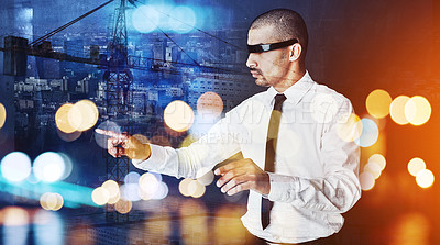 Buy stock photo Shot of a young businessman wearing a vr headset superimposed over a cityscape