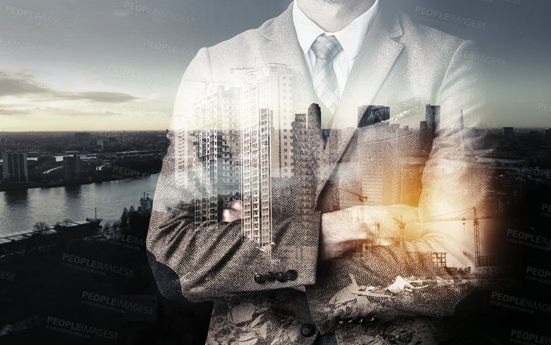 Buy stock photo Cropped shot of an unidentifiable businessman superimposed over a cityscape