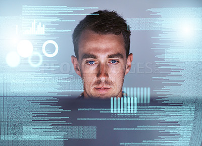 Buy stock photo Shot of a young programmer working at his computer with an overlay of computer graphics