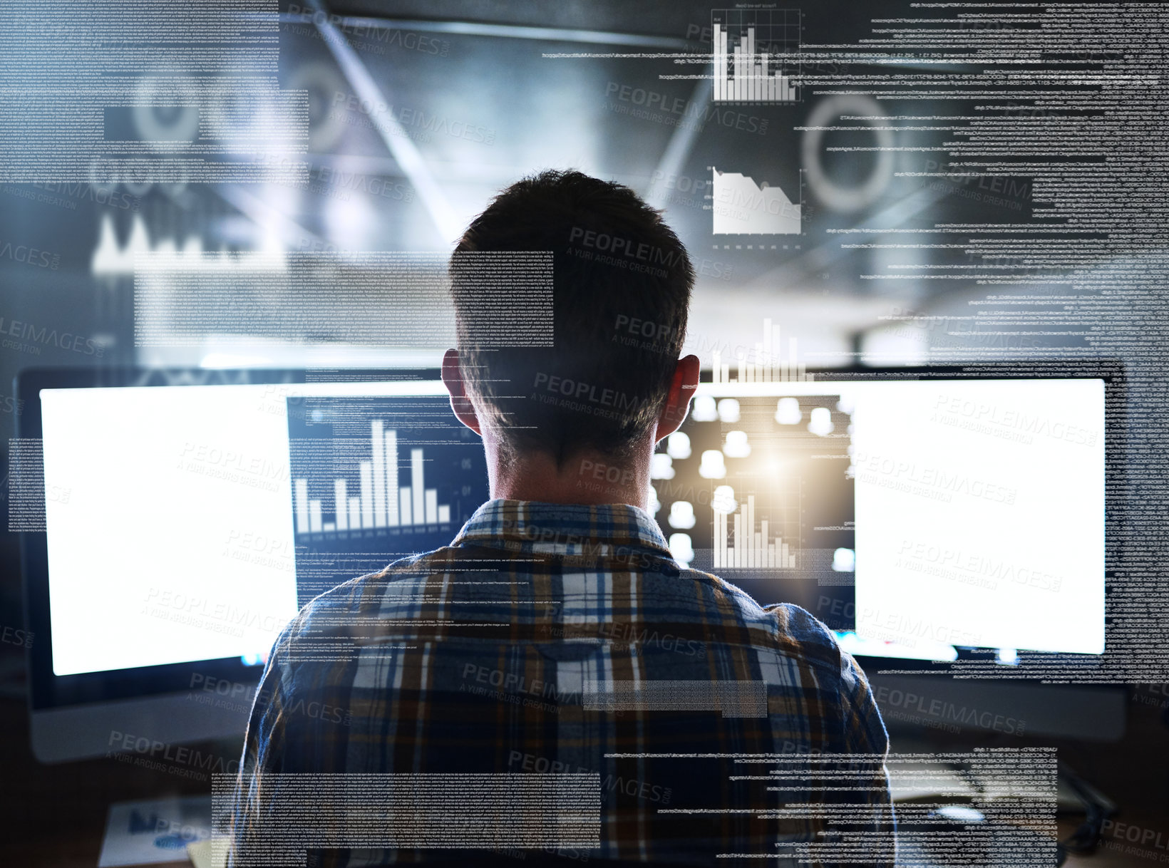 Buy stock photo Rearview shot of a young programmer working at his computer with an overlay of computer graphics