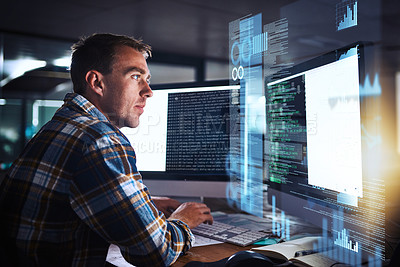 Buy stock photo Developer, man and programmer code on computer screen with cybersecurity hologram, analytics and seo or working at night. Technology, coding and hacker on dark software, safety and iot password
