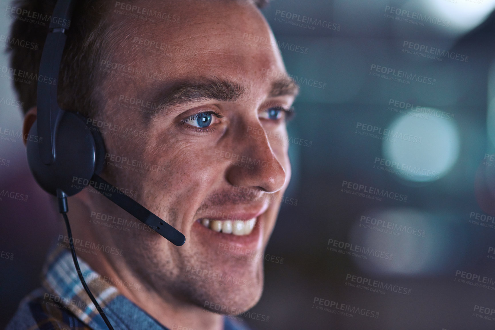 Buy stock photo Call center agent smiling, looking happy and friendly while working in an office alone at work. Face of a positive, thinking and professional customer service agent, helpdesk operator or employee