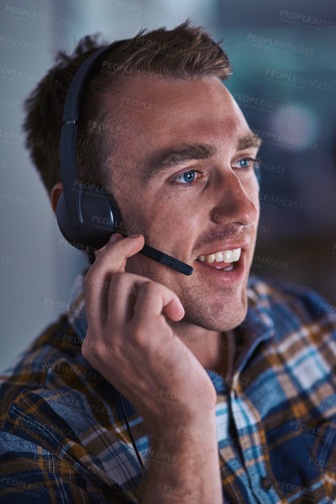 Buy stock photo Man, speaking and headset in call centre office, business and inbound calls with customer service for tech support. Telesales, employee and help desk communication, online conversation and agent