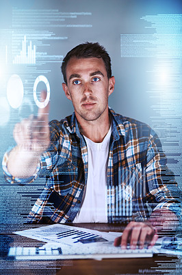 Buy stock photo Professional it computer employee working on a cgi screen, planning with graphics and looking at data while sitting in an office at work. One coding programmer inspecting software and checking codes