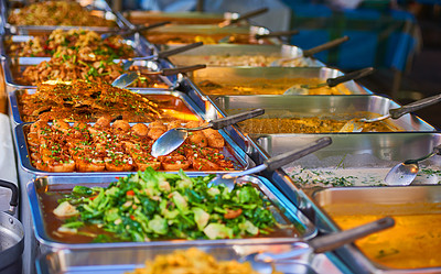 Buy stock photo Shot of delicious food on display at a Thai street stall