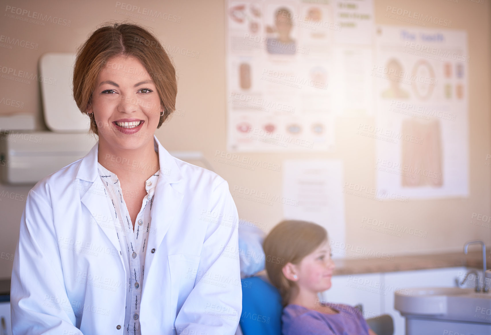 Buy stock photo Healthcare, dentist and portrait of woman with patient for dental care, medical service and pride. Clinic, smile and face of person with girl for oral hygiene, consultation and tooth extraction