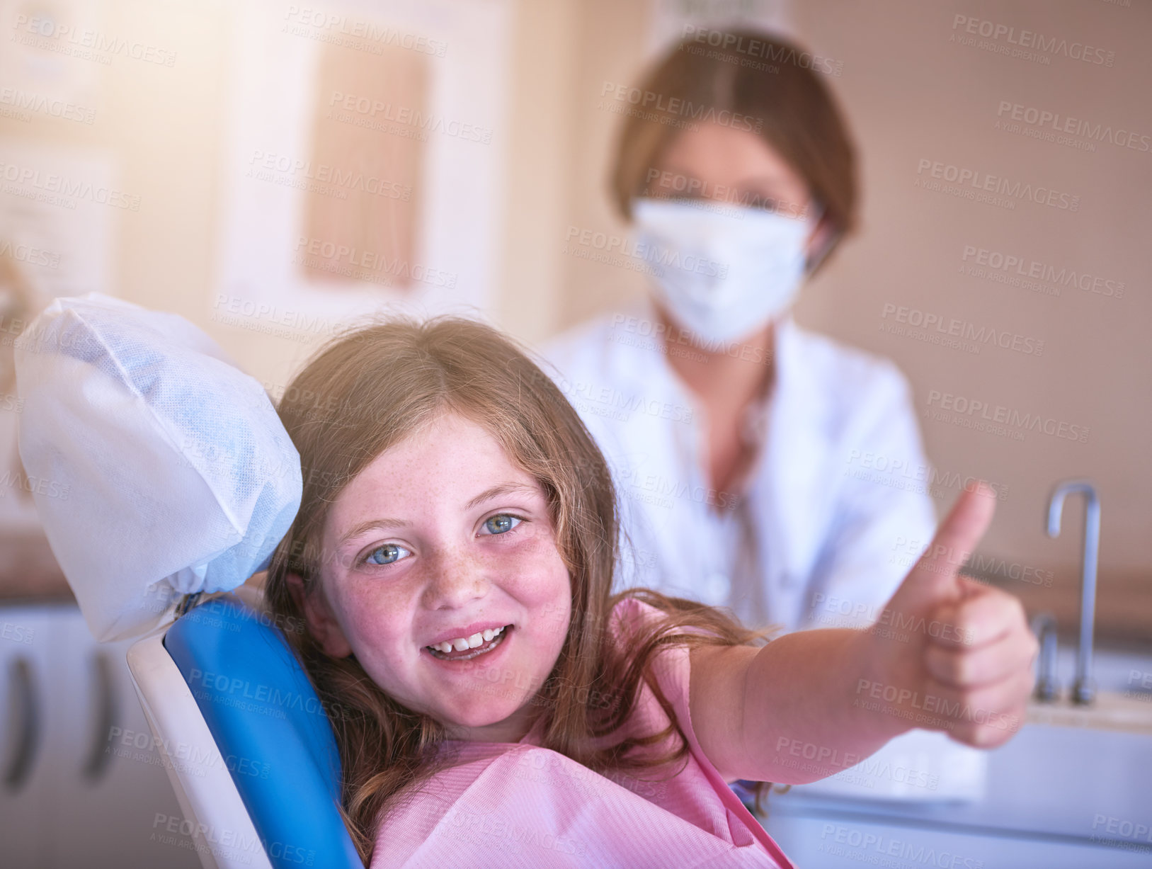 Buy stock photo Dentist, kid and portrait with thumbs up for teeth cleaning or cavity treatment for oral hygiene or dental health. Yes sign, good gesture or happy girl child with doctor or smile for clinic review