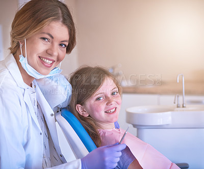 Buy stock photo Portrait of a female dentist with her young patient