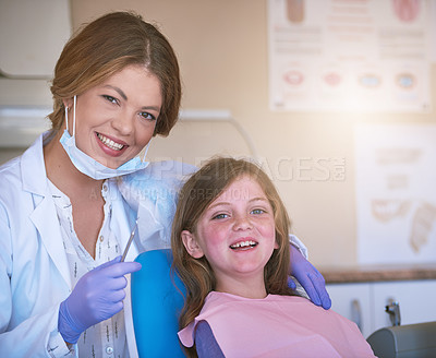 Buy stock photo Portrait of a female dentist with her young patient