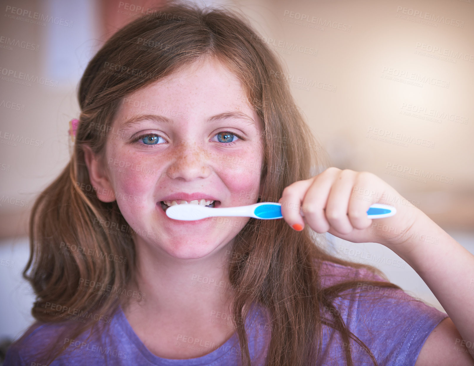 Buy stock photo Dental, smile and portrait of child brushing teeth for oral hygiene, cavity prevention and gum care. Happy, little girl and hand with toothbrush for morning routine, cleaning and healthy growth