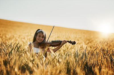 Buy stock photo Portrait, kid and violin in nature for music, talent and creativity or practice in field. Performance, musician and girl in countryside for entertainment, learning or outdoor for development or art 