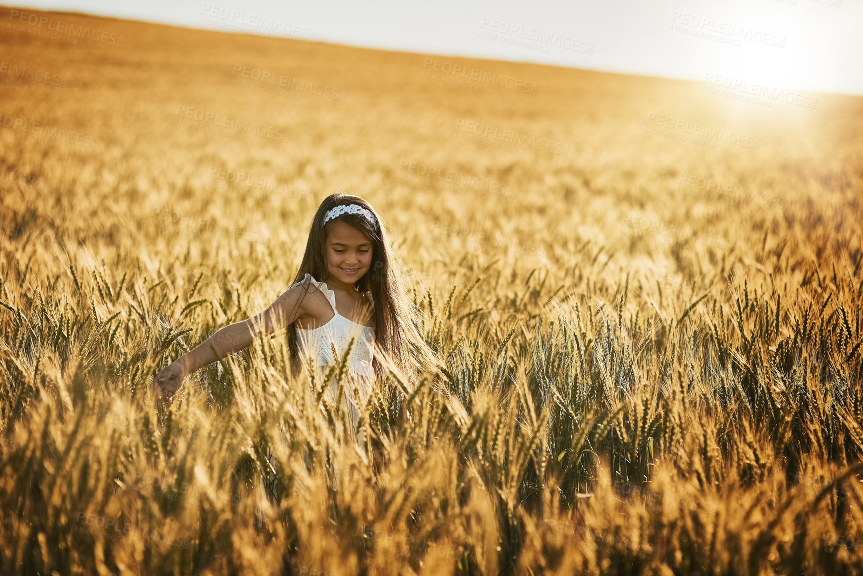 Buy stock photo Girl, happy and play in corn field for adventure, games and environment or outdoor in summer. Child, smile and open arms for freedom, peace and development in countryside for vacation and holiday 