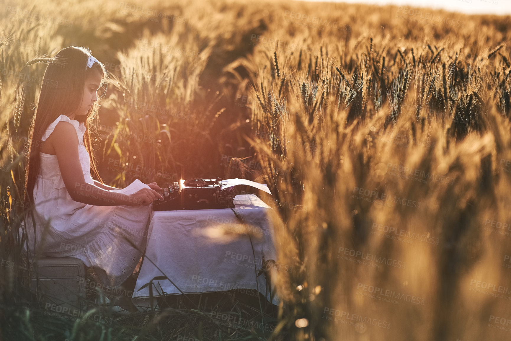 Buy stock photo Outdoor, typing and girl with typewriter, nature and creative in cornfield, writer and child with talent. Morning, kid and relax with ideas for short story in Nebraska, growth or development of youth