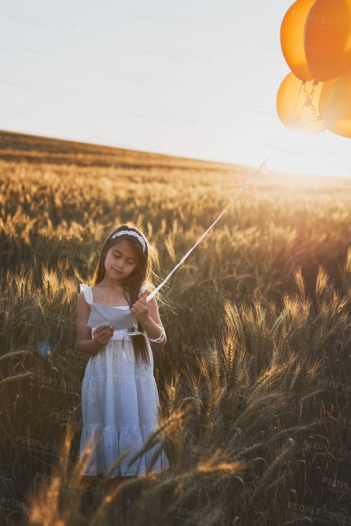 Buy stock photo Child, letter and balloons outdoor in cornfield for communication, wish and message to the sky for fantasy with mockup. Girl, kid and paper in field with travel, innocent and post with sunlight