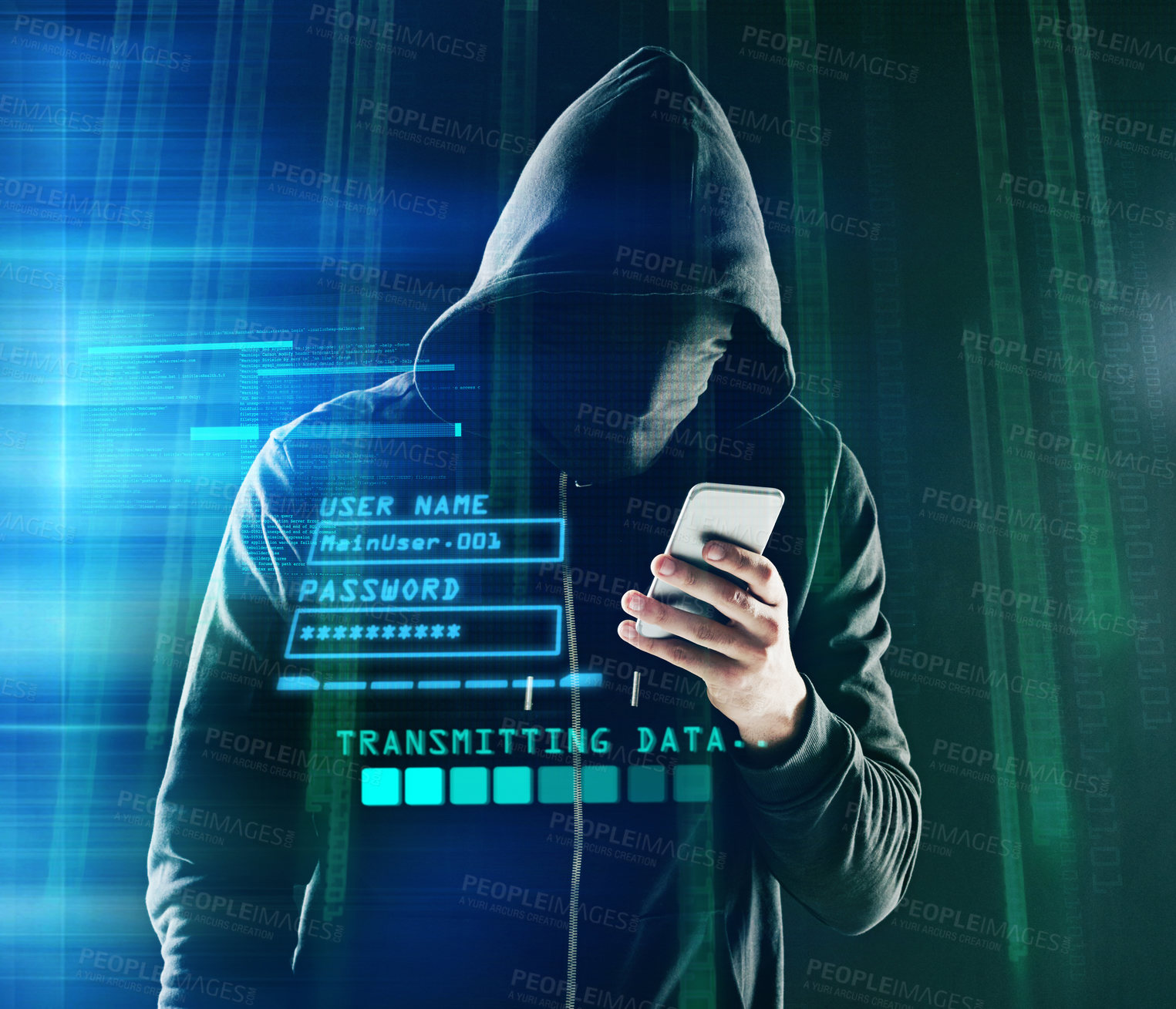 Buy stock photo Shot of an unidentifiable computer hacker using a smartphone while standing against a dark background