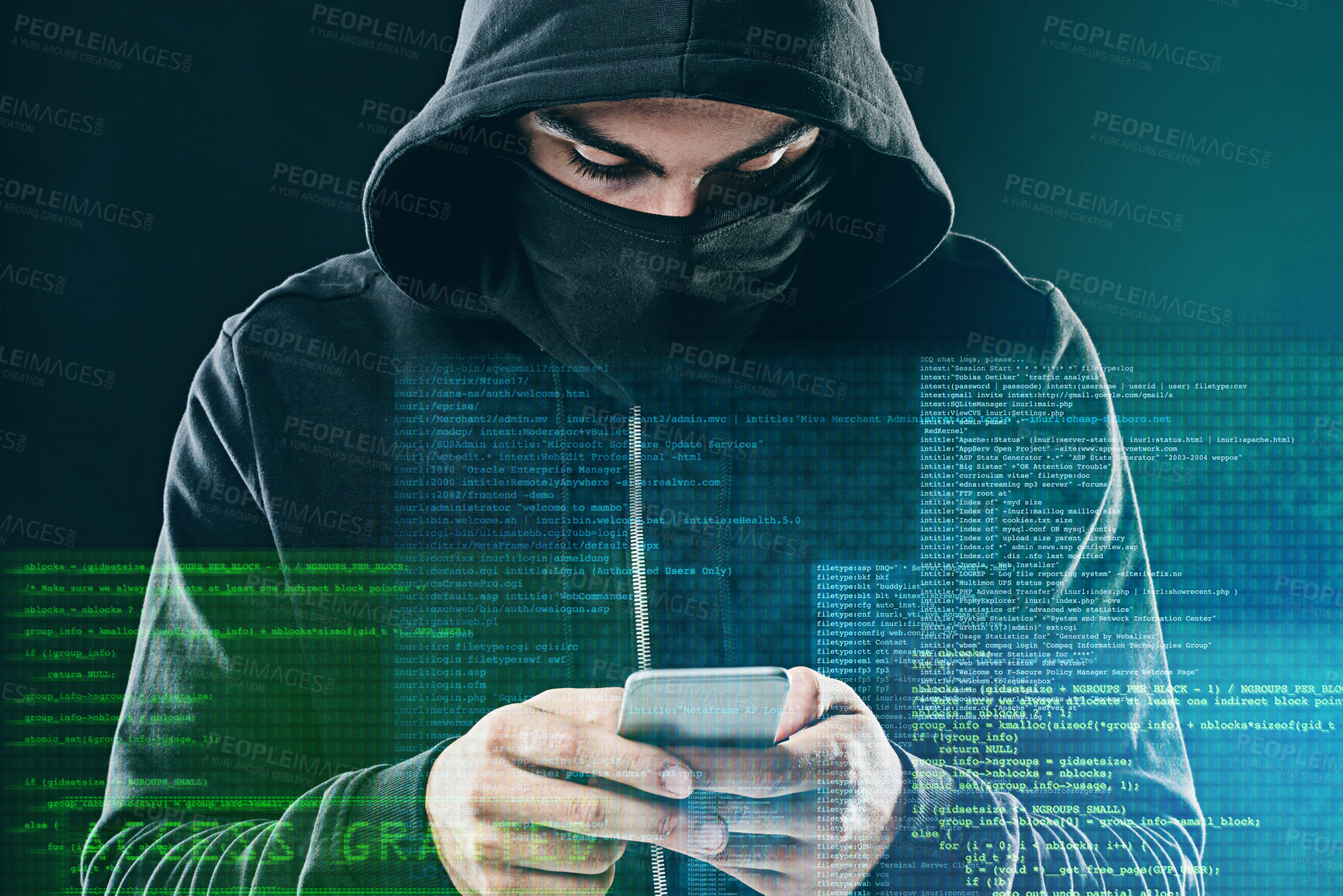 Buy stock photo Shot of a computer hacker using a smartphone while standing against a dark background