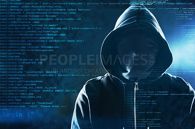 Buy stock photo Shot of an unidentifiable computer hacker posing against a dark background