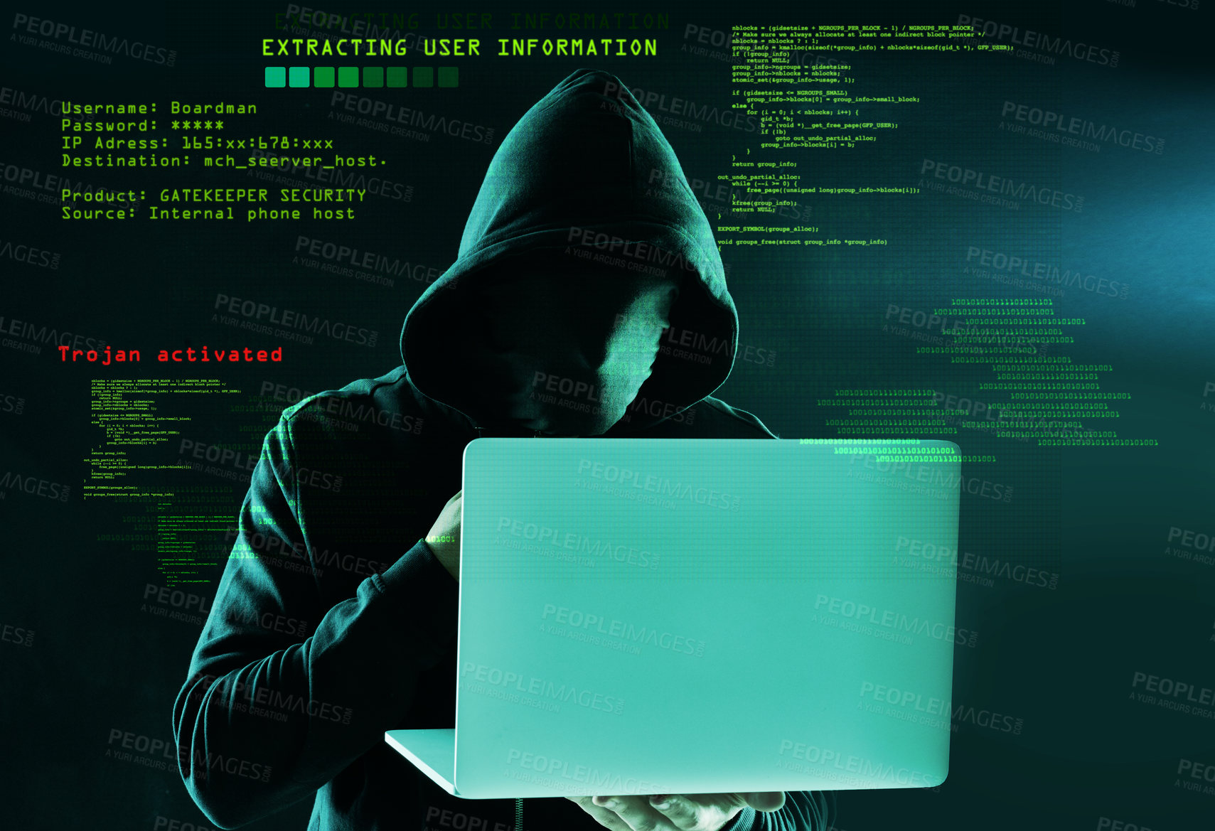 Buy stock photo Shot of an unidentifiable computer hacker using a laptop against a dark background