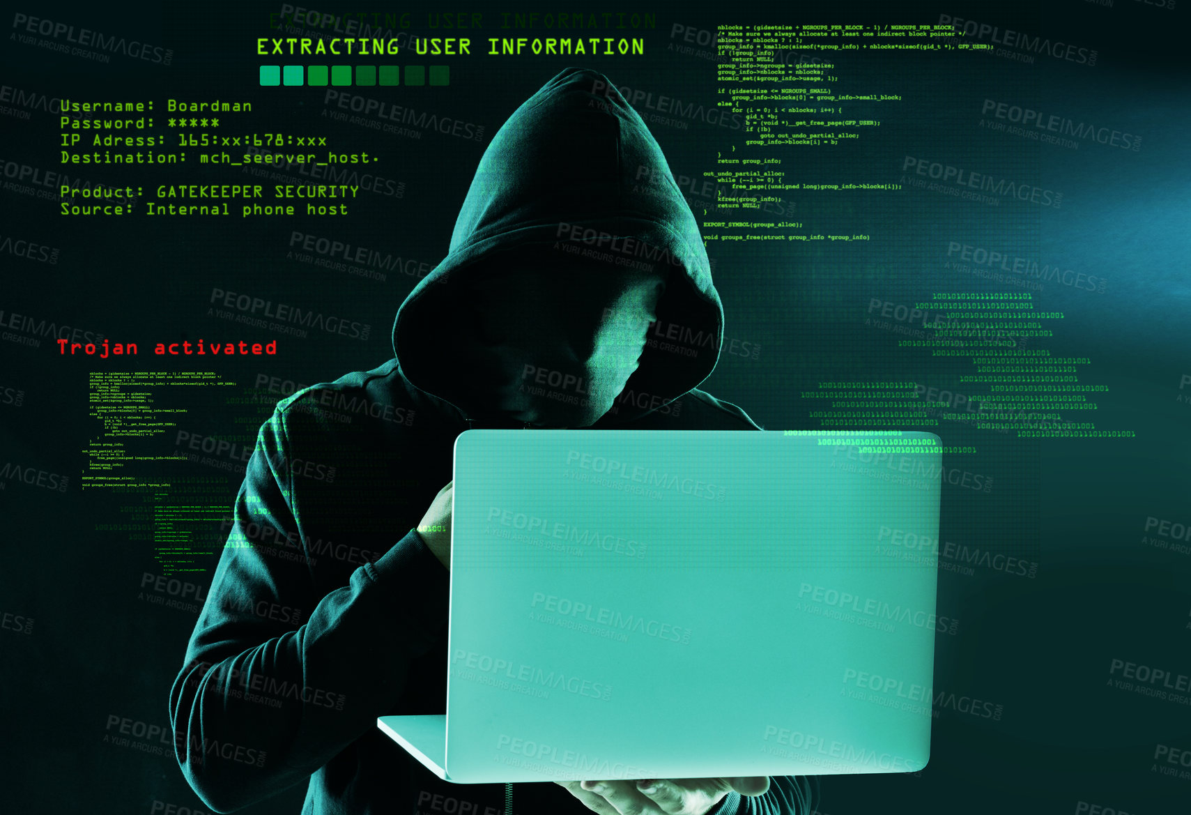 Buy stock photo Person, laptop and portrait on dark background for hacking, phishing and malware distribution. Hacker, tech and software for cyber crime, information or cryptocurrency thief with trojan activation