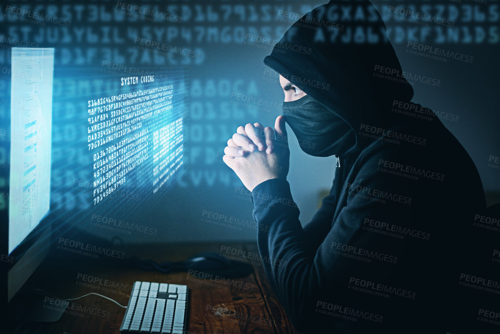 Buy stock photo Cybercrime, hacker and thinking at computer for virus, overlay and futuristic at desk. Male criminal, hoodie and ready for coding, cyber attack and programming for malware with tech, scam and data