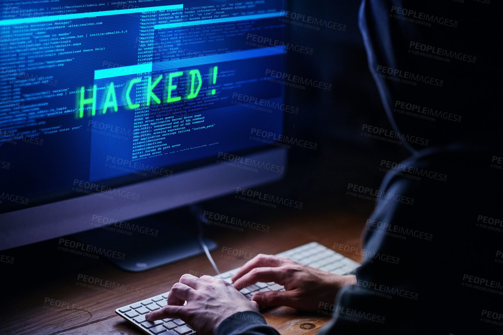 Buy stock photo Computer, hacker and cyber security at night for online cybercrime. Data protection, website access and technology with person, network and system for fraud, programming and virus for internet or web