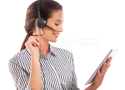 Buy stock photo Shot of a young customer service agent posing with a tablet in studio