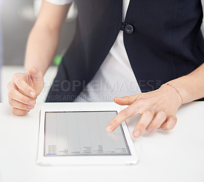 Buy stock photo Hands, nurse and woman with tablet, typing and schedule with professional and planning for hospital calendar. Closeup, person or medical with employee and technology with healthcare and administrator