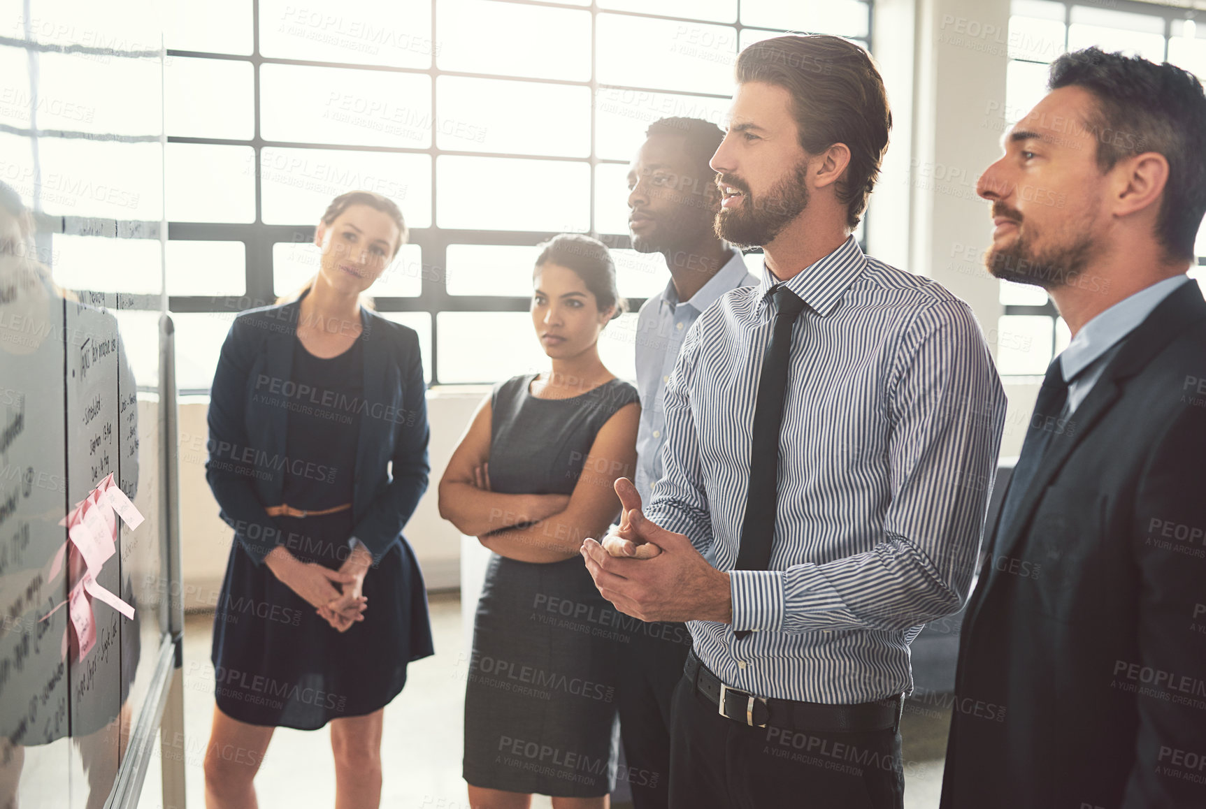 Buy stock photo People, group and presentation with whiteboard in office of schedule planner, information and staff reminder. Thinking, employees and meeting notes, teamwork and corporate calendar with project ideas