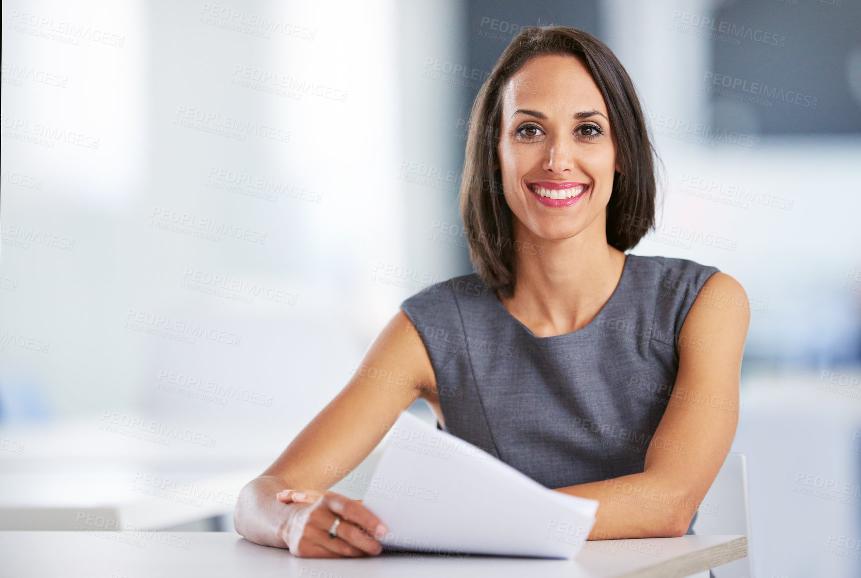 Buy stock photo Woman, desk and portrait in office with paperwork, planning and smile for creative employee. Happy, confidence and administration for architect and designer, professional and lookbook for project
