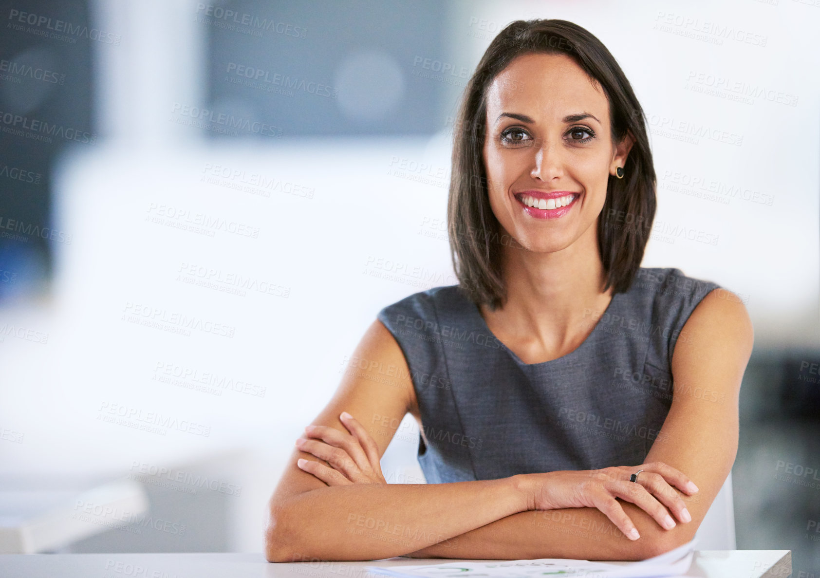 Buy stock photo Woman, desk and portrait in office with success, planning and smile for creative employee. Happy, confidence and admin for architecture and designer, professional or lookbook for project in workplace