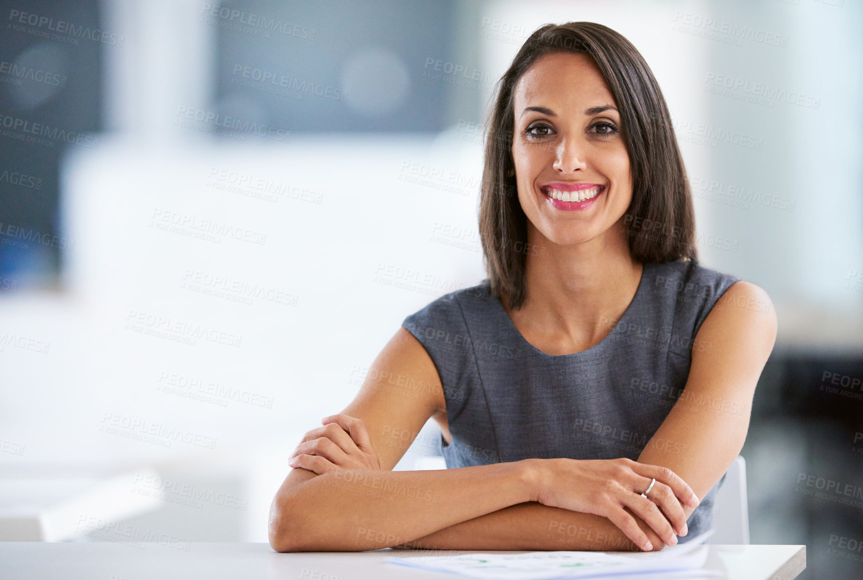 Buy stock photo Woman, office and portrait with documents, desk and planning with smile for creative employee. Happy, confidence and administration for architect and designer, professional and lookbook for project