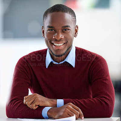 Buy stock photo Businessman, smile and creative in office portrait, smile and designer career with African or black man. Leadership, company development and startup mission or entrepreneur, workplace and growth