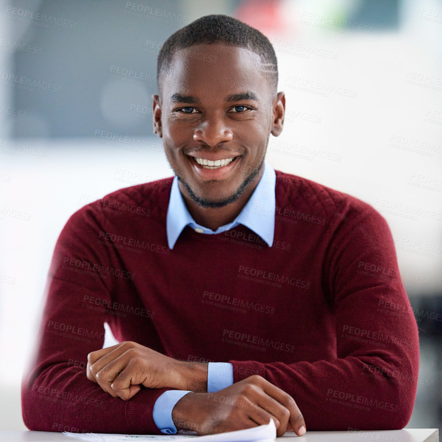 Buy stock photo Businessman, smile and creative in office portrait, smile and designer career with African or black man. Leadership, company development and startup mission or entrepreneur, workplace and growth