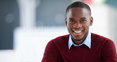 Buy stock photo Businessman, happy and creative in office portrait, smile and designer career with African or black man. Leadership, company development and startup or entrepreneur, workplace growth and professional