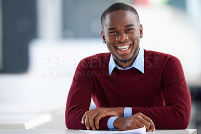 Buy stock photo Businessman, laugh and creative in office portrait, smile and designer career with African or black man. Leadership, company mission and startup development or entrepreneur, professional or growth