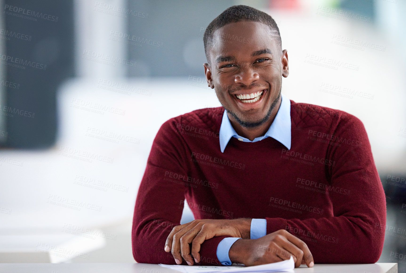 Buy stock photo Businessman, laugh and creative in office portrait, smile and designer career with African or black man. Leadership, company mission and startup development or entrepreneur, professional or growth