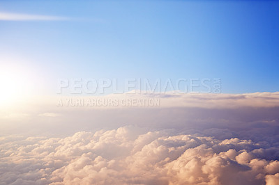 Buy stock photo Sky, cloud and top view of nature on summer day for hope, faith and trust in overcast weather. Landscape, imagination and and escape or environmental awareness, eco friendly and natural daylight