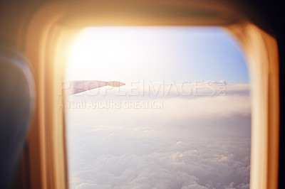 Buy stock photo Flight, window and sky with clouds on journey or travel and trip for holiday and break. Airplane, transportation and destination for vacation or adventure with flying to explore, discover and nature