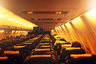 Buy stock photo Back, flight cabin and passenger for journey or travel and holiday with airplane for transportation. Commercial airline, fly and boarding for vacation or adventure as tourists for trip or immigration