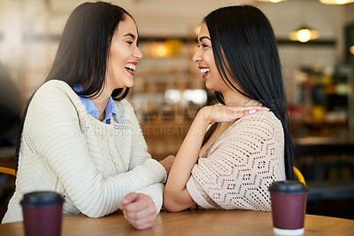 Buy stock photo Women, friends and talking in coffee shop together with smile for communication and conversation. Discussion, speaking and joke or comedy in cafe with laugh, happiness and female students in New York