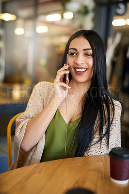 Buy stock photo Woman, phone call and smile in coffee shop for networking, communication and conversation. Technology, gen z and happiness for speaking, discussion and connectivity with talking on mobile in cafe 