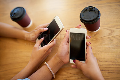 Buy stock photo Communication, hands and people with phone and coffee typing email, text message or post in cafe. Technology, contact and women with cappuccino and cellphone for networking on internet in restaurant.