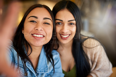 Buy stock photo Women, friends and selfie in coffee shop together with portrait for social media and relationship. Profile picture, update and smile for vlog or blog in cafe with influencers for reunion in New York