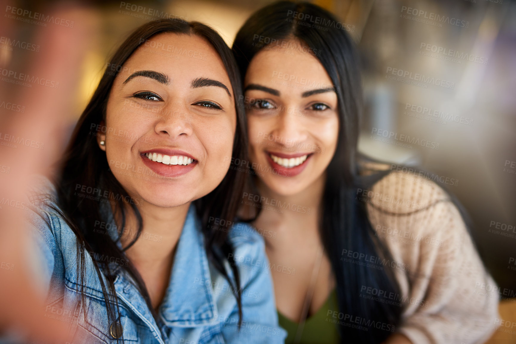 Buy stock photo Women, friends and selfie in coffee shop together with portrait for social media and relationship. Profile picture, update and smile for vlog or blog in cafe with influencers for reunion in New York